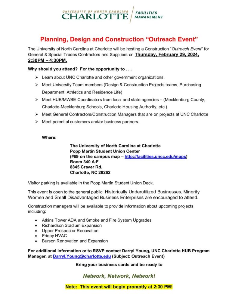 Construction “Outreach Event” UNC – Charlotte, NC