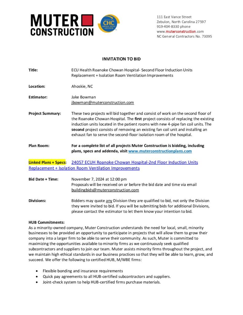 ECU Health Roanoke Chowan Hospital- Second Floor Induction Units Replacement + Isolation Room Ventilation Improvements – Ahoskie, NC